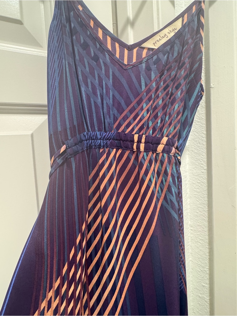 Presley Skye Navy & Rust Geometric Spaghetti-Strap Maxi Dress